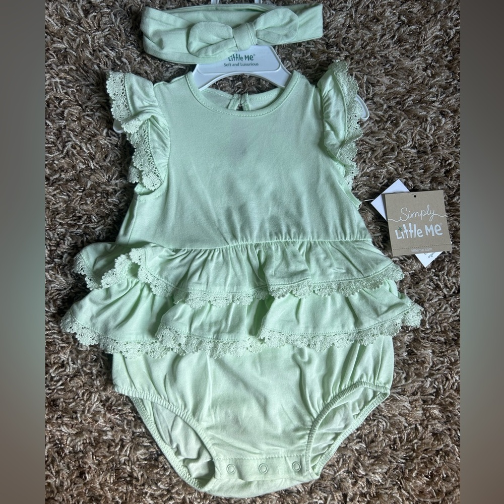 Little Me Bamboo Soft Green Bodysuit with Headband | Size 9 Months